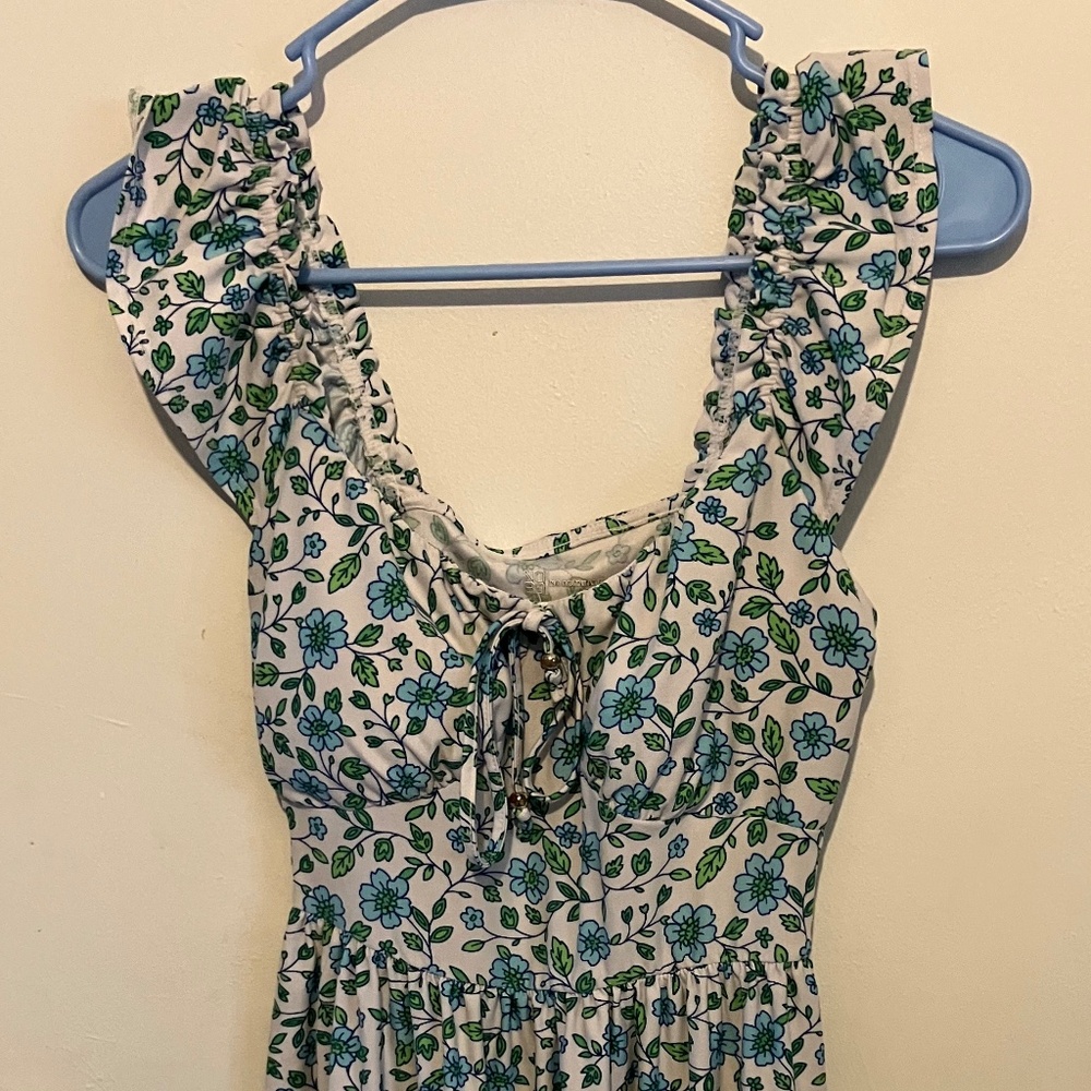 Cute white summer dress with blue and green flowers